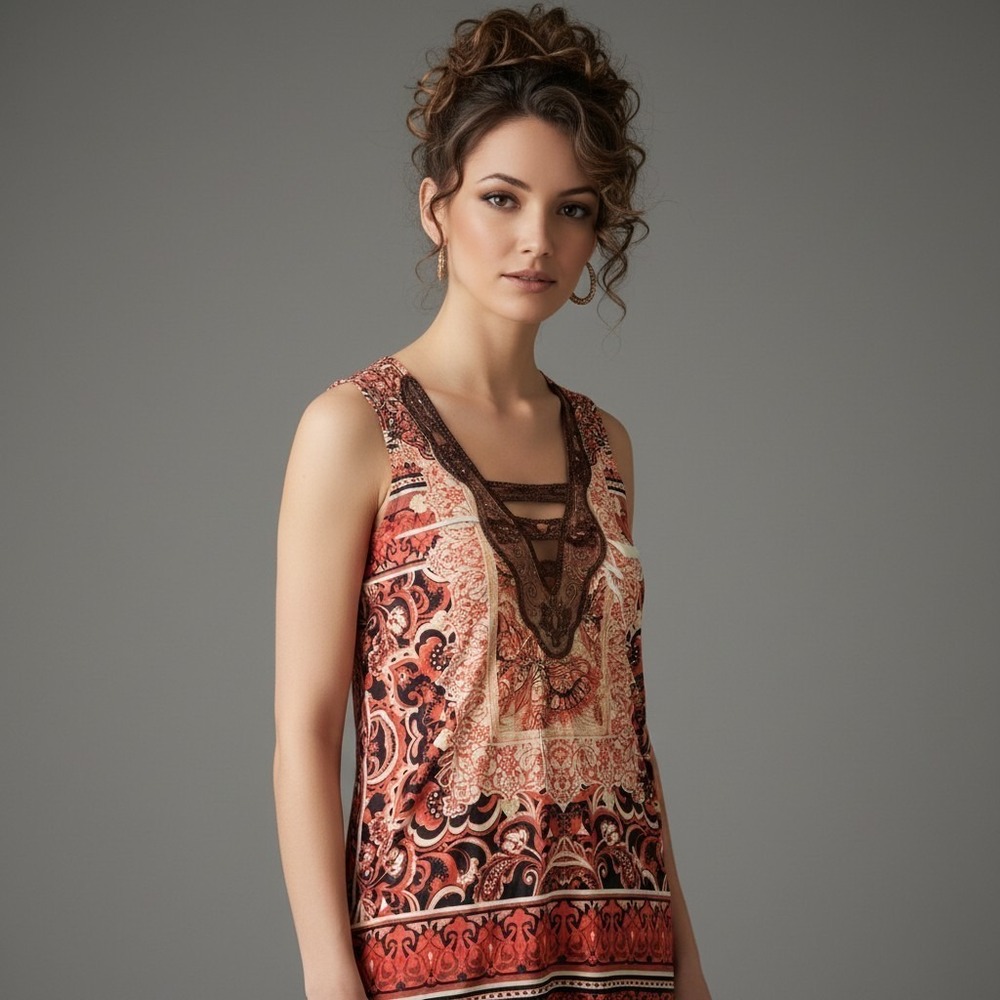 APT 9 Coral Orange Paisley Tank Top XL Brown Lace Yoke Boho Cottagecore
